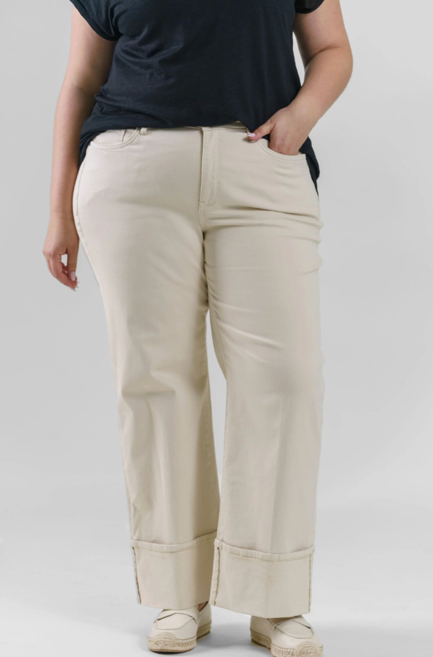 NYDJ Plus Jeans 16 Cream Teresa Wide Leg Deep Cuff High Rise Stretch White Creek